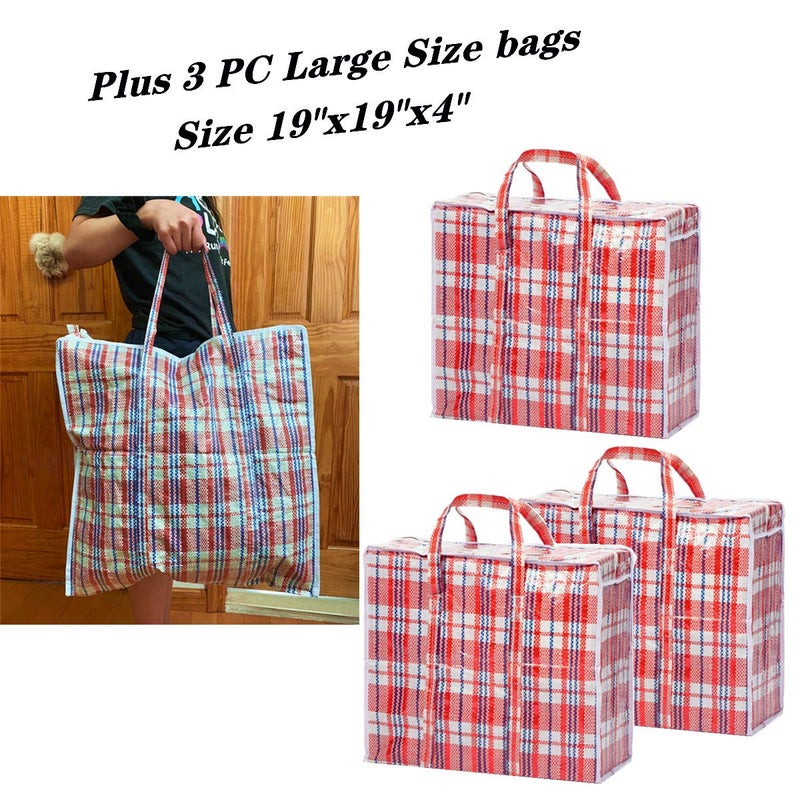 TSY TOOL Set of 6 Large & Jumbo Plastic Checkered Laundry Bags with Zipper and Handles for Travel, Laundry, Shopping, Storage, Moving,Size:(27"x23"x5.5") and (19"x19"x4") - Color may vary - Image 3